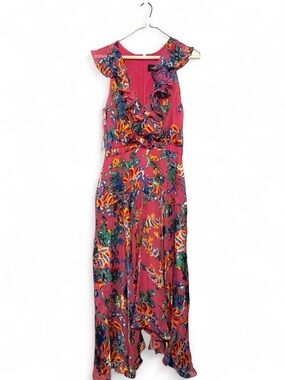 Saloni Ruffled Silk Floral Maxi Dress in Deep Pink
